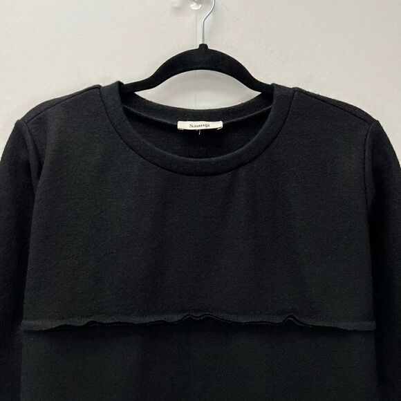 Samuji Women’s Medium Black 100% Wool Crewneck Pullover Sweater Ruffled - Picture 2 of 9
